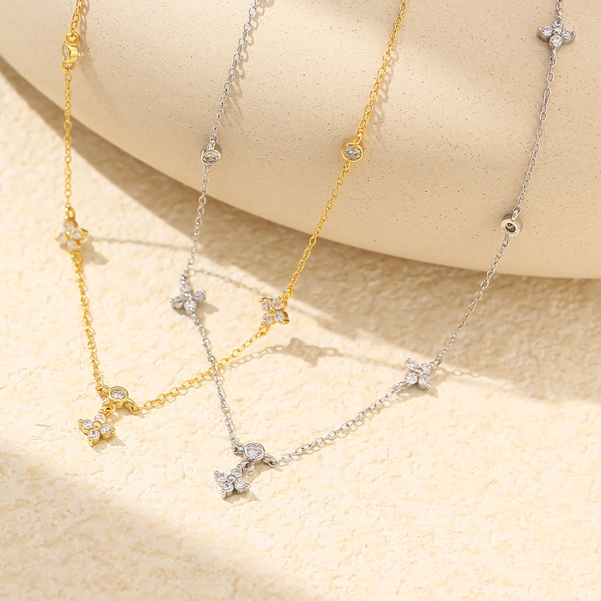 Layered Necklace S925 Silver INS Four-Leaf Clover Diamond French Collarbone Chain Multiple Pendants Jewelry for Women - Image 2