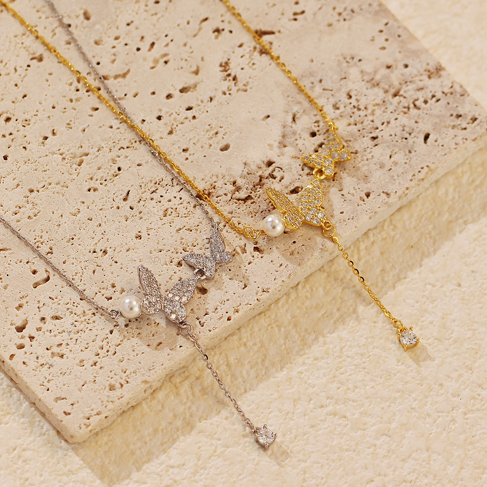 French Butterfly Necklace S925 Silver Tassel Pearl Full Diamond Butterfly Collarbone Chain Niche Jewelry - Image 2