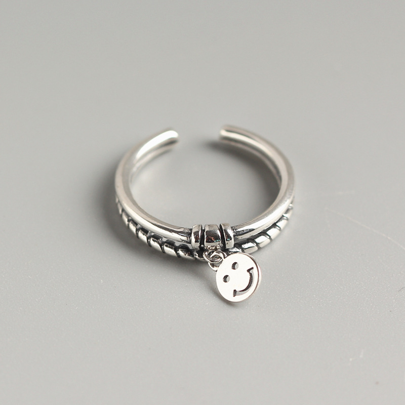 Trendy Smiley Face Silver Ring Korean and Japanese Style S925 Sterling Silver Vintage Double-layer Smiley Spiral Design Ring - Image 2
