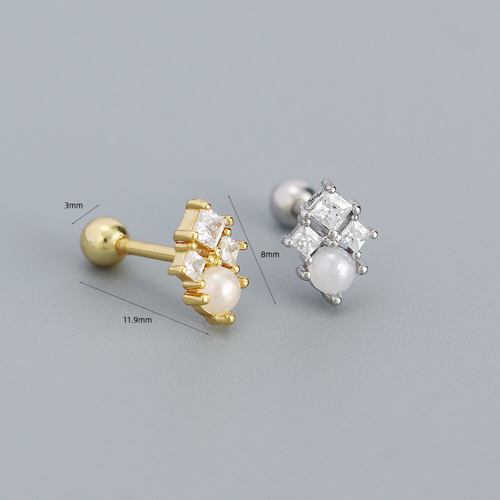 Korean Style S925 Silver INS Imitation Pearl Earrings Square Zircon Screw Ear Cuffs Ear Bone Earrings for Women - Image 3