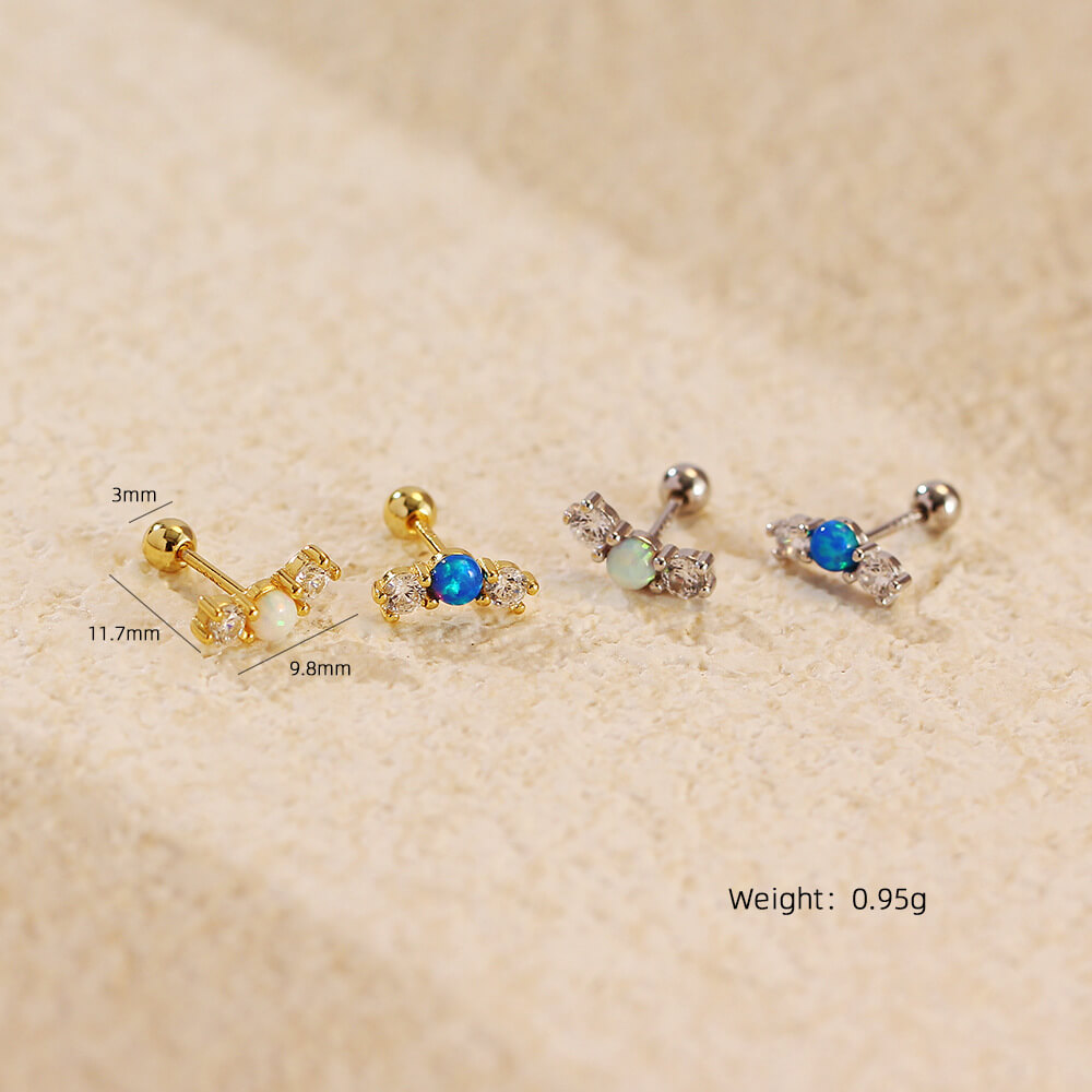 Elegant Opal Ear Studs S925 Silver Diamond Opal Ear Bone Cuffs Unique Threaded Earrings - Image 3