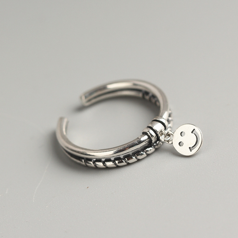 Trendy Smiley Face Silver Ring Korean and Japanese Style S925 Sterling Silver Vintage Double-layer Smiley Spiral Design Ring - Image 3