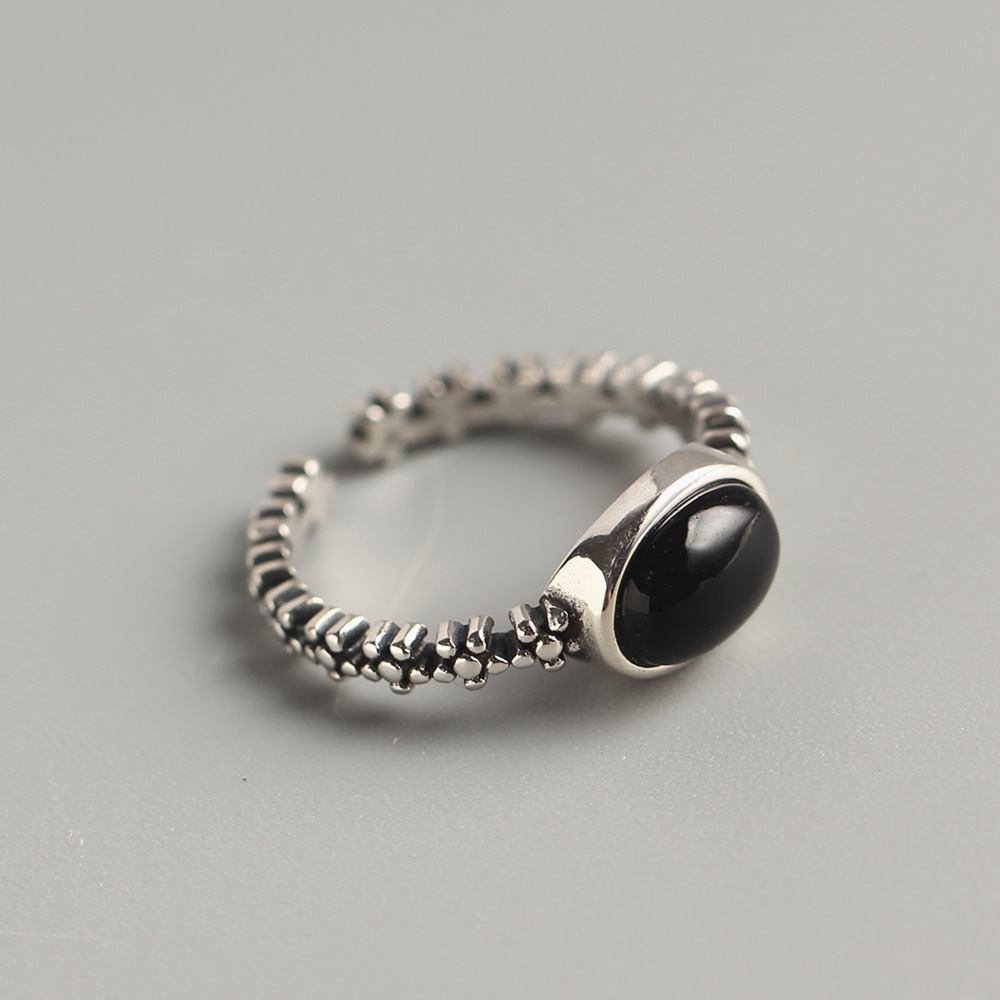 Korean Style S925 Sterling Silver Ring Star Line Minimalist Oval Black Onyx Ring for Women - Image 3