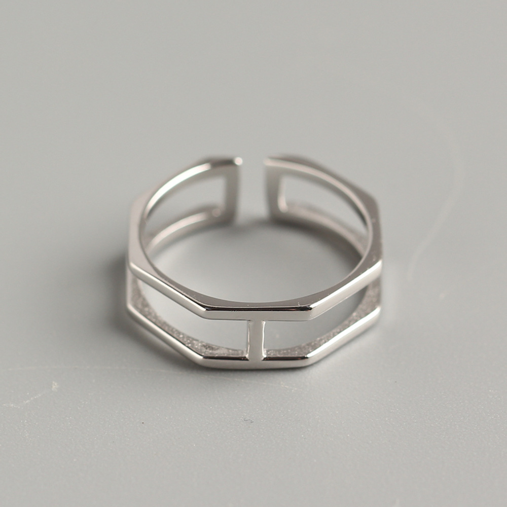 Korean Style Minimalist S925 Sterling Silver Double-line H Shape Ring Hexagonal Open Ring for Women - Image 3