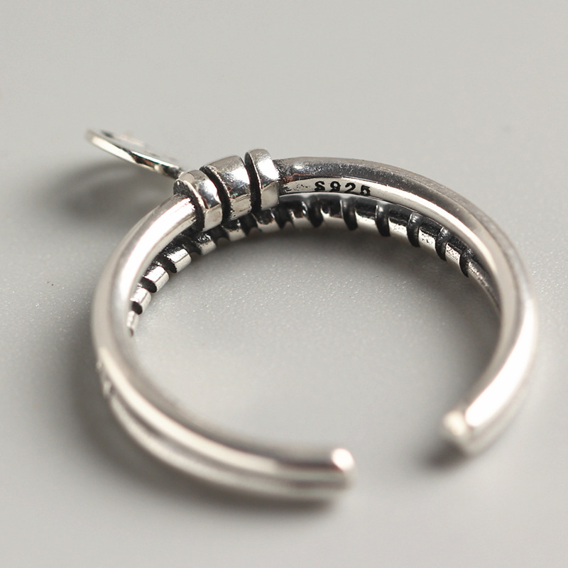 Trendy Smiley Face Silver Ring Korean and Japanese Style S925 Sterling Silver Vintage Double-layer Smiley Spiral Design Ring - Image 4
