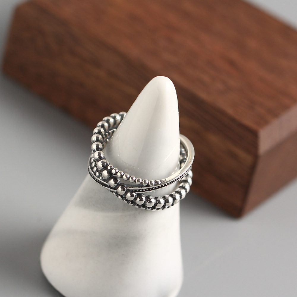 Korean Style Round Bead Braided Silver Ring S925 Sterling Silver Multi-layer Woven Vintage Ring for Women - Image 4