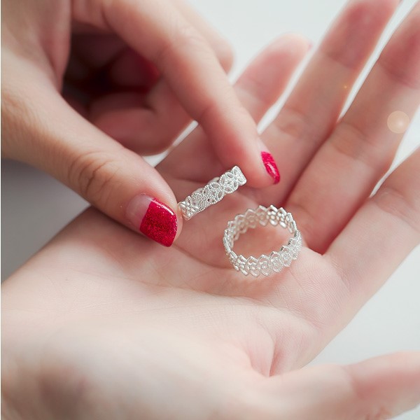 Korean Style S925 Sterling Silver Ring Fashion Hollow Lace Design Adjustable Open Ring for Women - Image 3