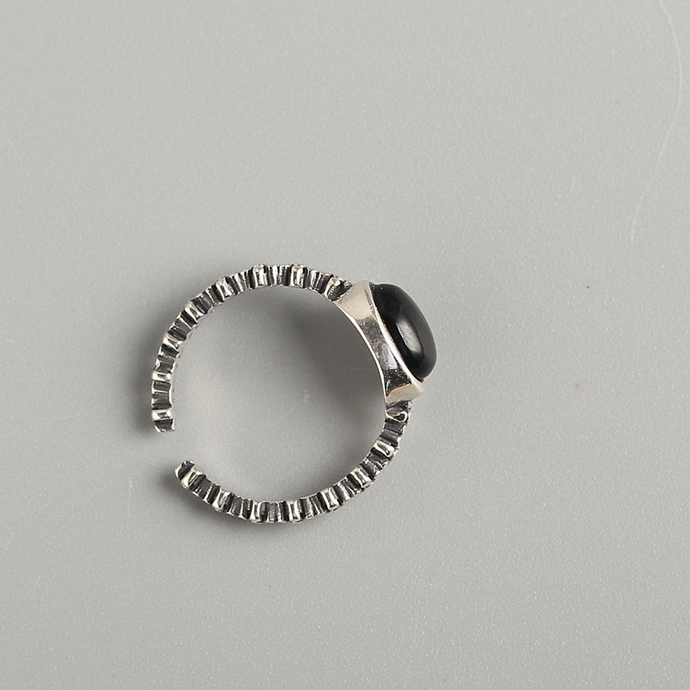 Korean Style S925 Sterling Silver Ring Star Line Minimalist Oval Black Onyx Ring for Women - Image 4