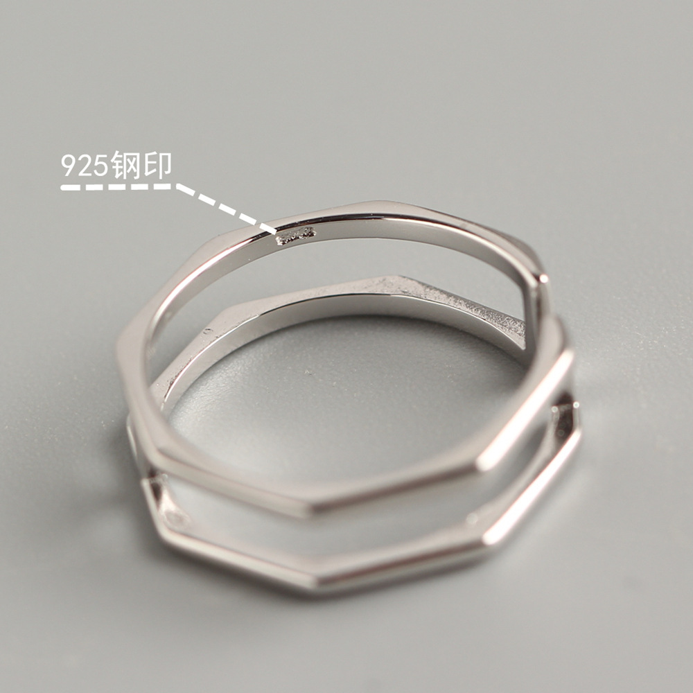Korean Style Minimalist S925 Sterling Silver Double-line H Shape Ring Hexagonal Open Ring for Women - Image 4