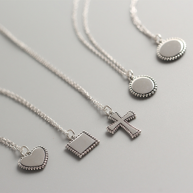 New Simple Vintage Necklace S925 Silver Cross Round Pendant Square Heart Silver Pendant Collarbone Chain - Image 3