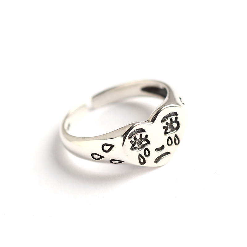 Korean Style S925 Sterling Silver Crying Face Ring Trendy Creative Tear Drop Ring Mood Ring