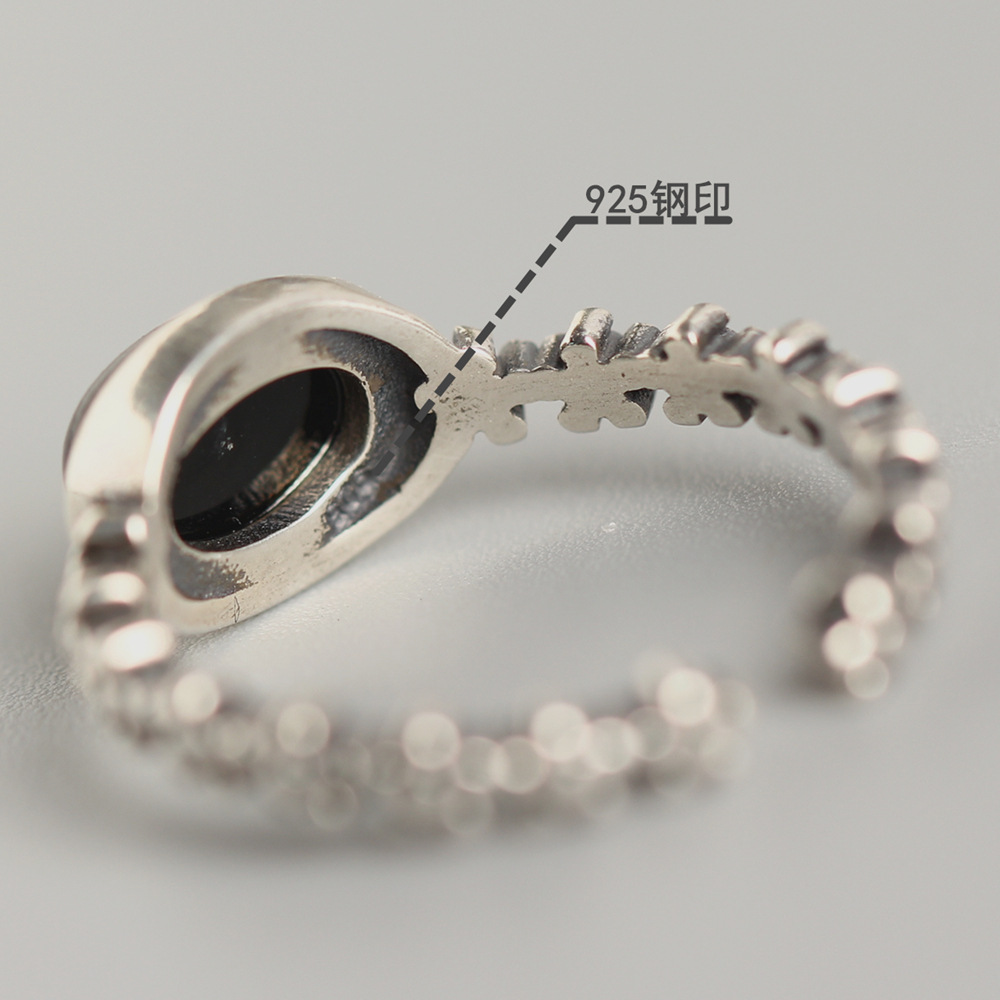 Korean Style S925 Sterling Silver Ring Star Line Minimalist Oval Black Onyx Ring for Women - Image 5