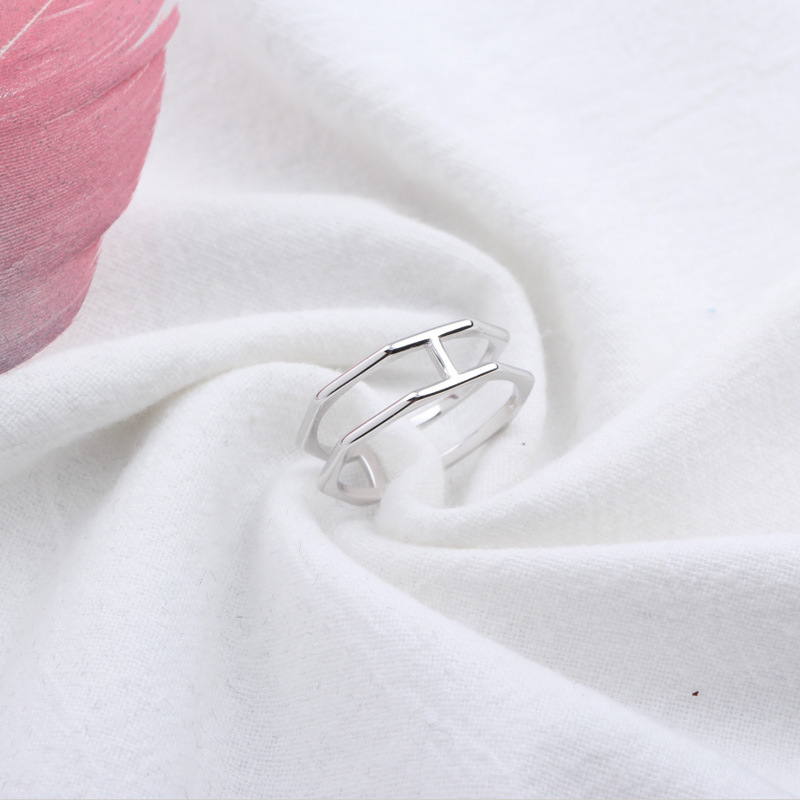 Korean Style Minimalist S925 Sterling Silver Double-line H Shape Ring Hexagonal Open Ring for Women - Image 5