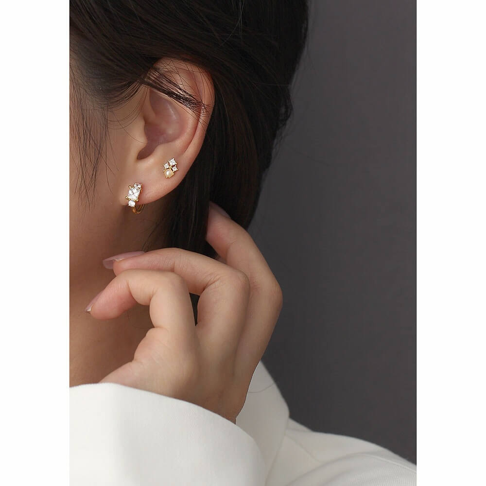 Korean Style S925 Silver INS Imitation Pearl Earrings Square Zircon Screw Ear Cuffs Ear Bone Earrings for Women - Image 9