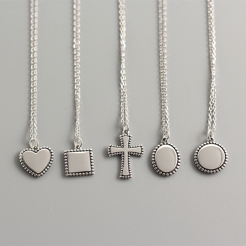 New Simple Vintage Necklace S925 Silver Cross Round Pendant Square Heart Silver Pendant Collarbone Chain - Image 4