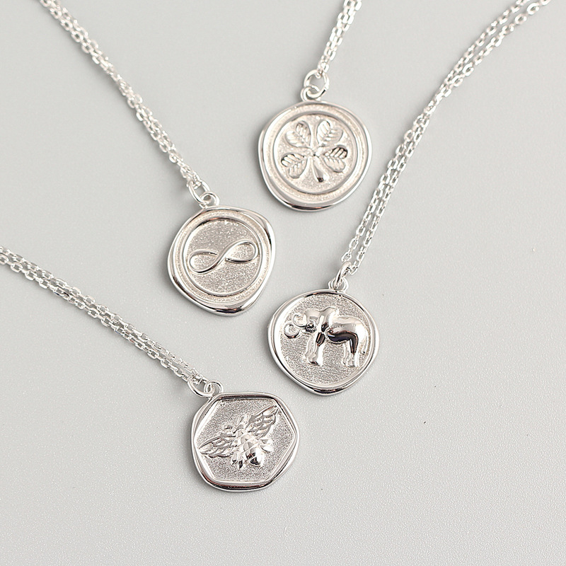 Simple Irregular Round Tag Pure Silver Necklace S925 Silver Bee Elephant Clover Infinity Collarbone Chain - Image 4