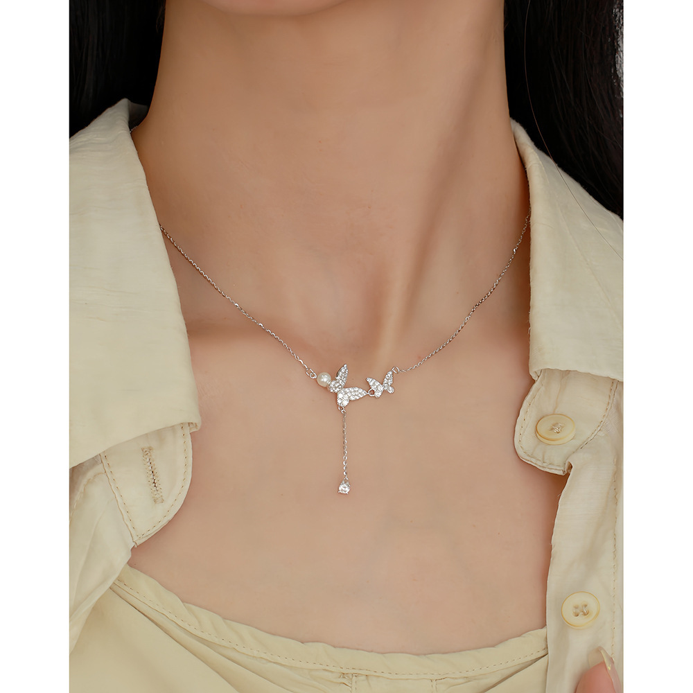 French Butterfly Necklace S925 Silver Tassel Pearl Full Diamond Butterfly Collarbone Chain Niche Jewelry - Image 7