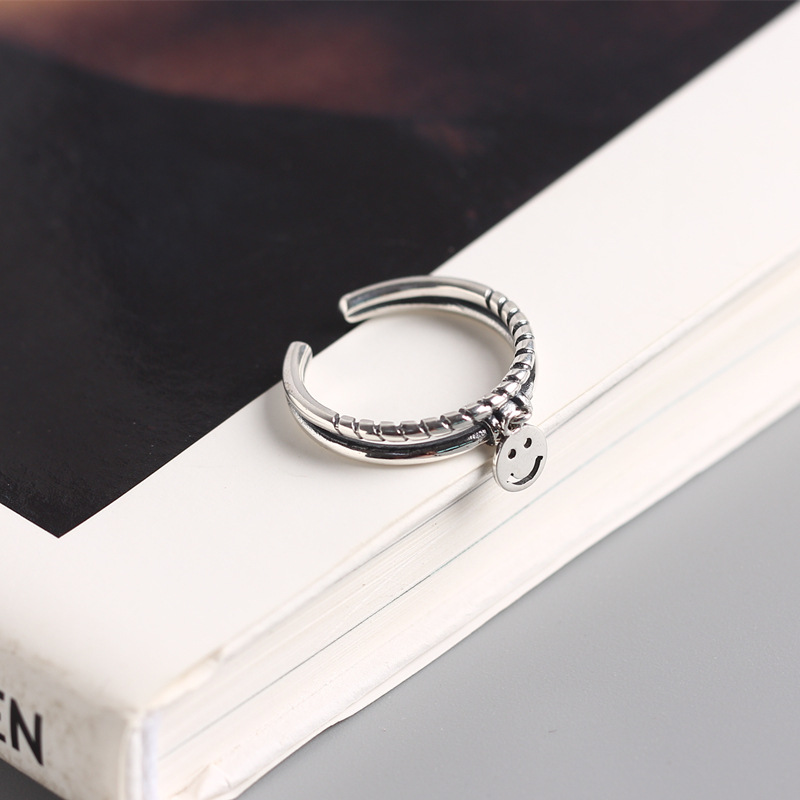 Trendy Smiley Face Silver Ring Korean and Japanese Style S925 Sterling Silver Vintage Double-layer Smiley Spiral Design Ring - Image 5