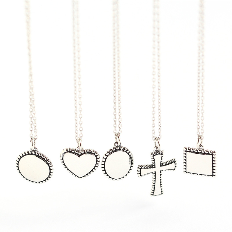 New Simple Vintage Necklace S925 Silver Cross Round Pendant Square Heart Silver Pendant Collarbone Chain