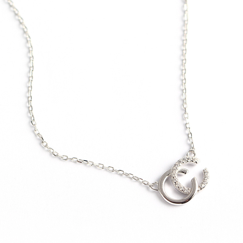 Fresh Korean Style Double C Necklace S925 Silver Diamond Fashion Simple Letter Necklace Collarbone Chain