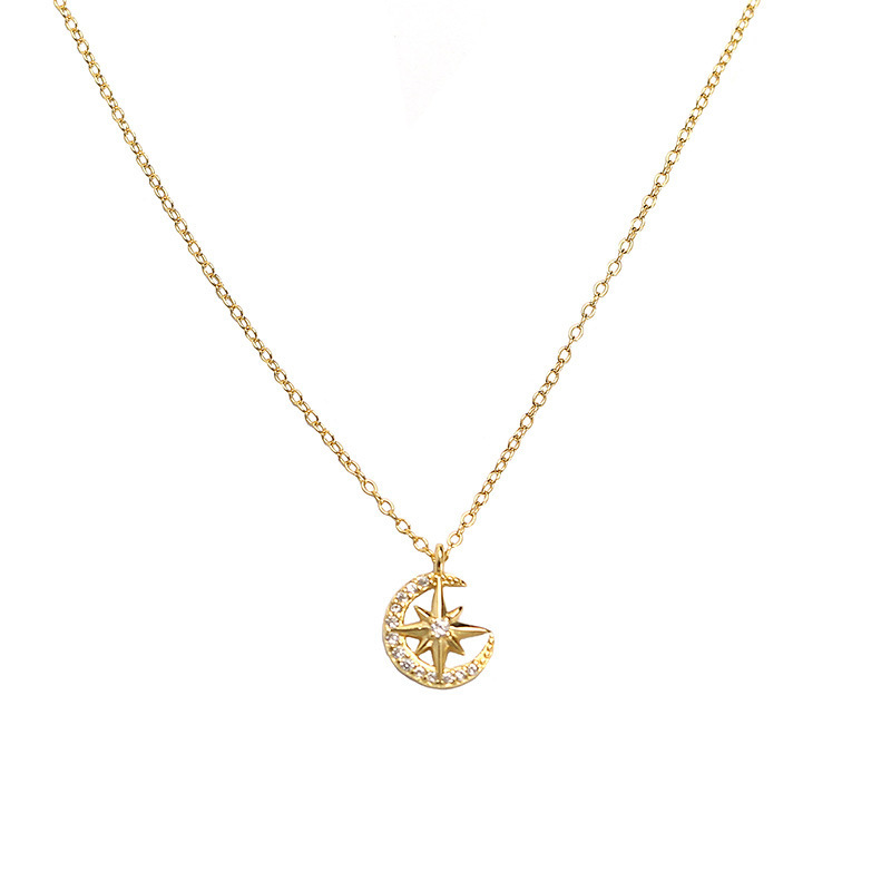 Star Moon Necklace S925 Silver INS Eight-Point Star Moon Diamond Collarbone Chain Personalized Versatile Jewelry