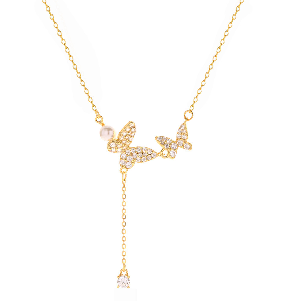 French Butterfly Necklace S925 Silver Tassel Pearl Full Diamond Butterfly Collarbone Chain Niche Jewelry