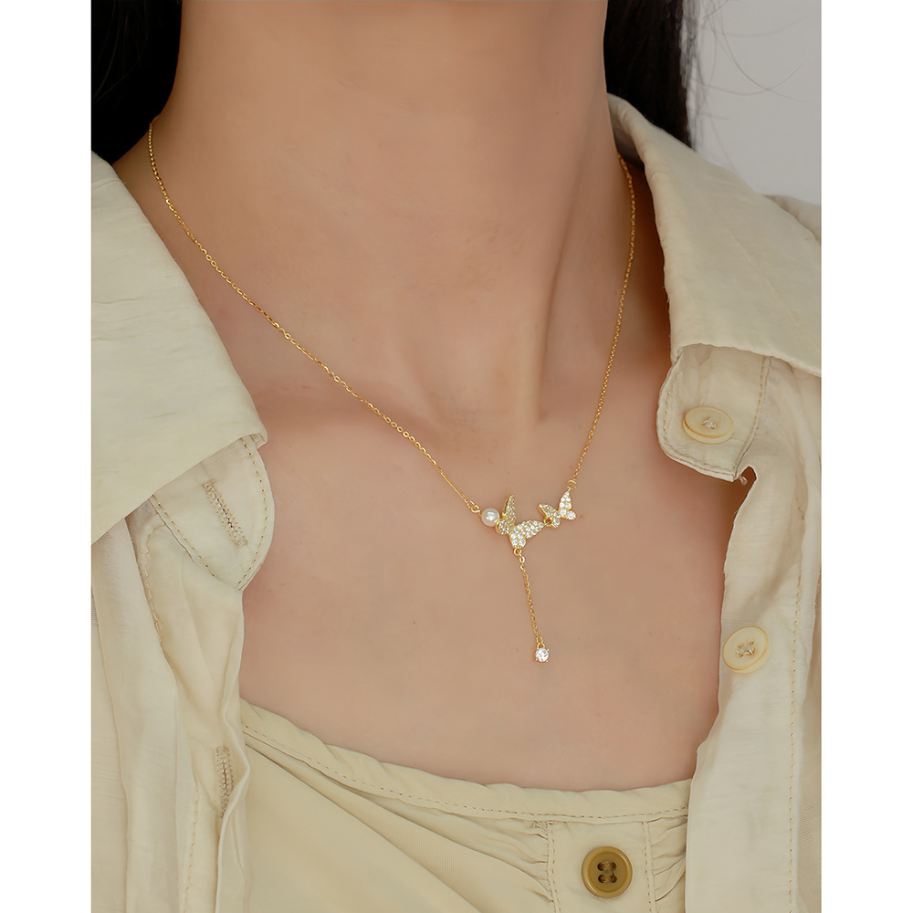 French Butterfly Necklace S925 Silver Tassel Pearl Full Diamond Butterfly Collarbone Chain Niche Jewelry - Image 6