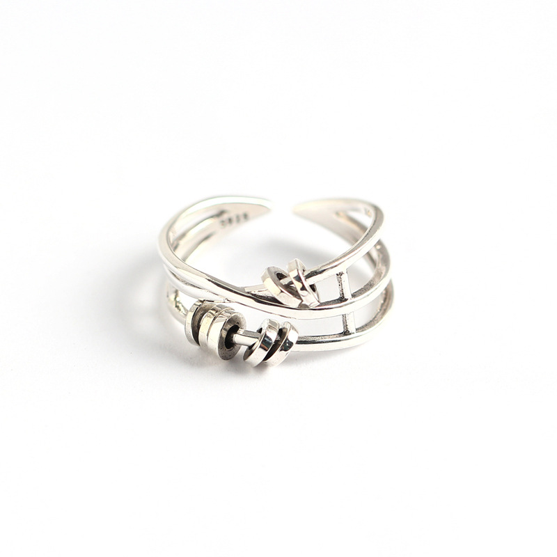 Korean Style S925 Sterling Silver Multi-layer Cross Ring Vintage Adjustable Spinning Circle Index Finger Ring