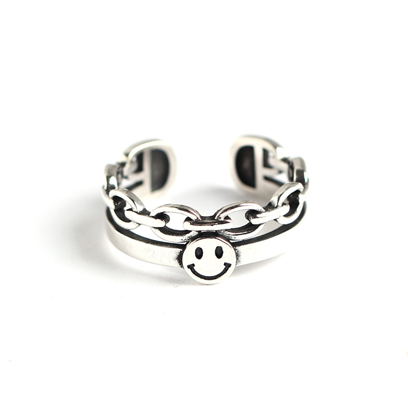 Korean Dongdaemun Vintage Smiley Face Double-layer Ring S925 Sterling Silver Personality Index Finger Ring