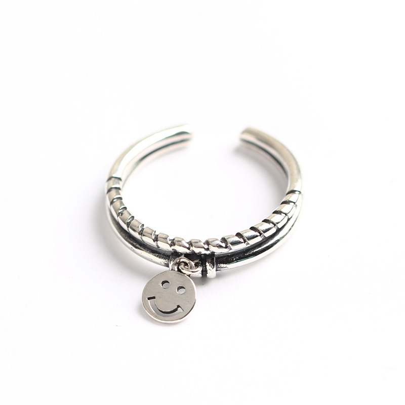 Trendy Smiley Face Silver Ring Korean and Japanese Style S925 Sterling Silver Vintage Double-layer Smiley Spiral Design Ring