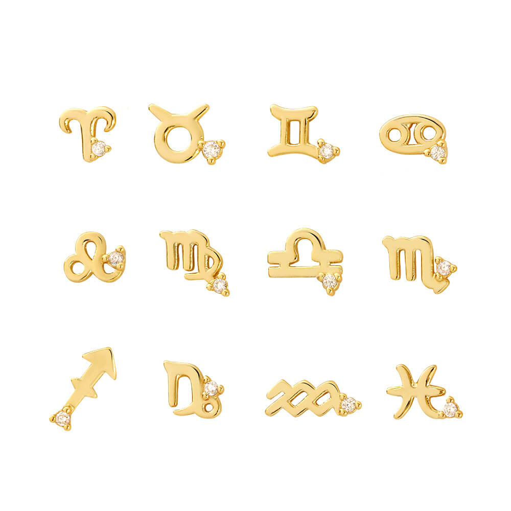 European and American Piercing Ear Studs S925 Silver Zodiac Flat Ear Cuffs Symbol Pattern Earrings