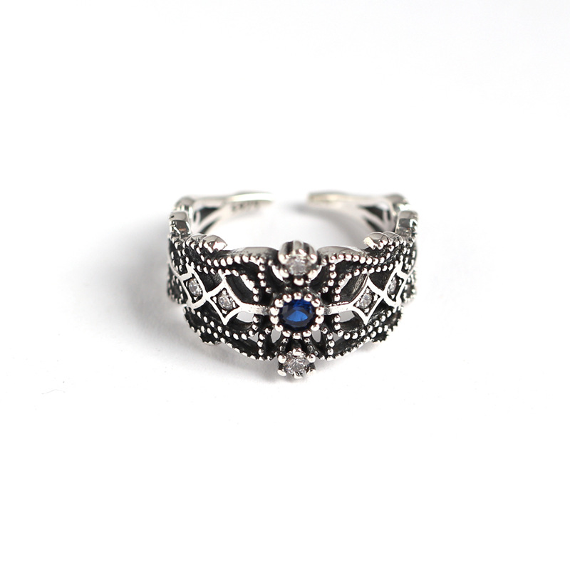 Vintage Hollow Blue Diamond Ring S925 Sterling Silver Diamond Inlaid Open Ring Fashion Jewelry for Women