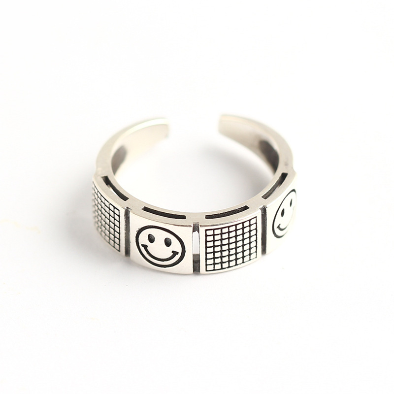 Korean Dongdaemun S925 Sterling Silver Smiley Face Ring Double-layer Trendy Smiley Face Ring for Women