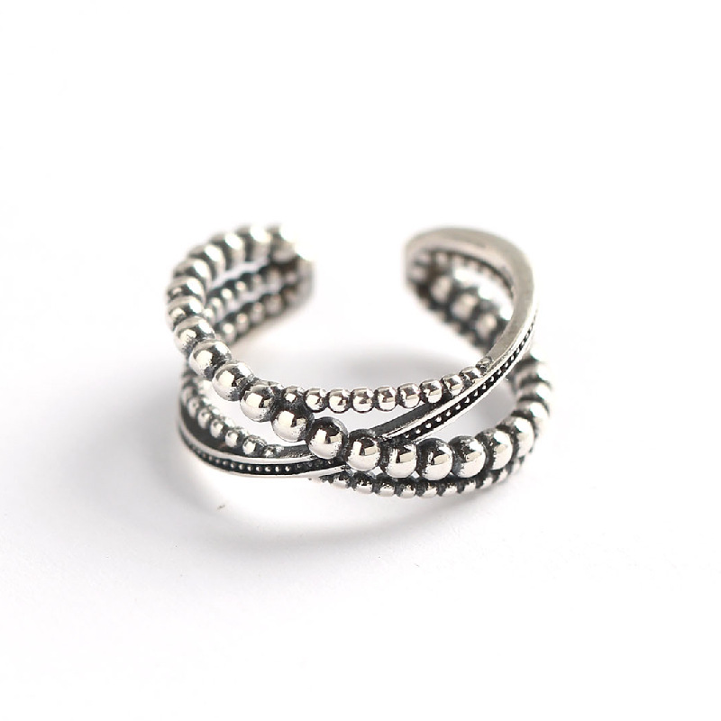 Korean Style Round Bead Braided Silver Ring S925 Sterling Silver Multi-layer Woven Vintage Ring for Women