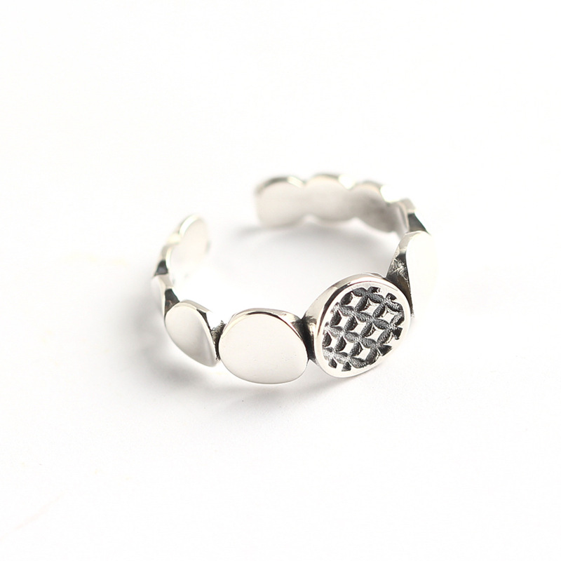 Korean and Japanese Style S925 Sterling Silver Round Plate Ring Vintage Block Patchwork Trendy Open Ring