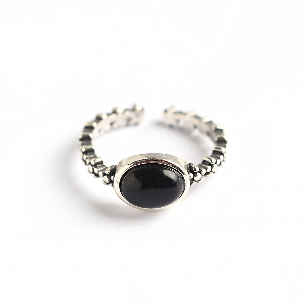 Korean Style S925 Sterling Silver Ring Star Line Minimalist Oval Black Onyx Ring for Women