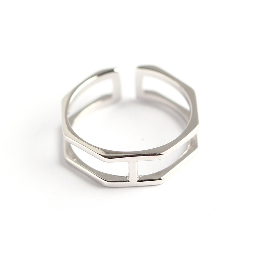 Korean Style Minimalist S925 Sterling Silver Double-line H Shape Ring Hexagonal Open Ring for Women