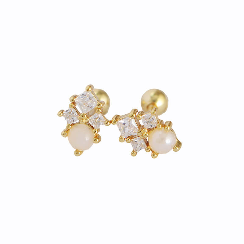 Korean Style S925 Silver INS Imitation Pearl Earrings Square Zircon Screw Ear Cuffs Ear Bone Earrings for Women
