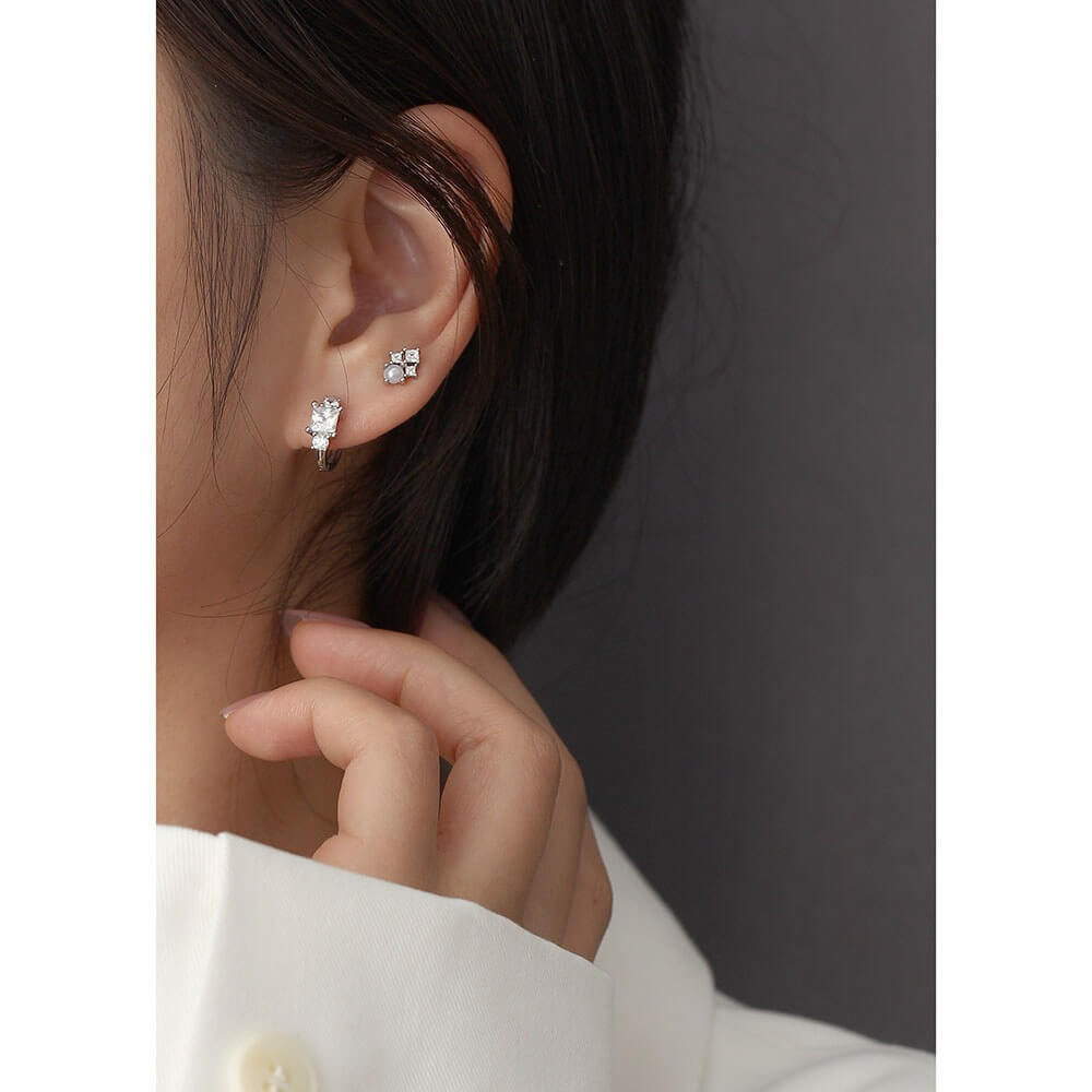 Korean Style S925 Silver INS Imitation Pearl Earrings Square Zircon Screw Ear Cuffs Ear Bone Earrings for Women - Image 8