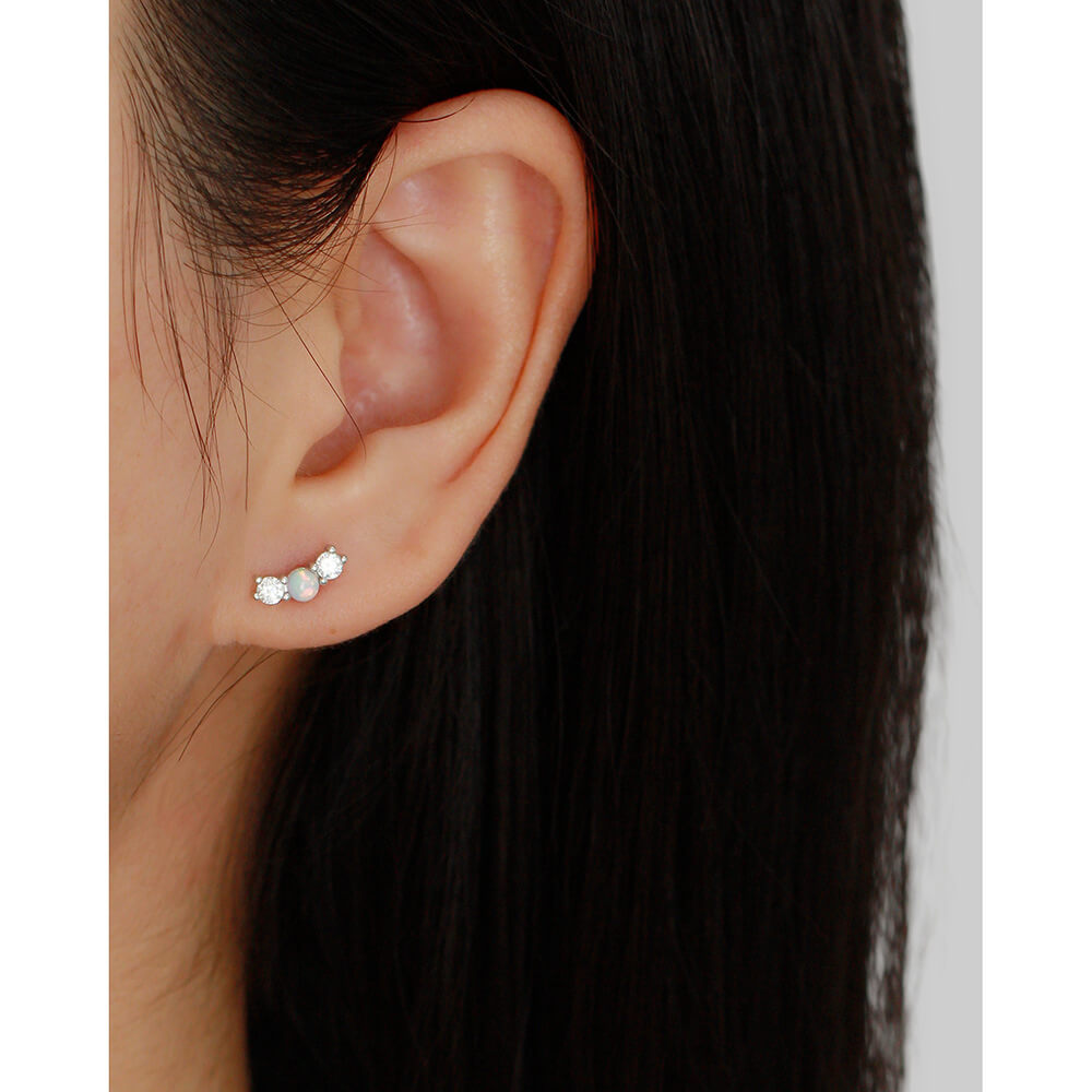 Elegant Opal Ear Studs S925 Silver Diamond Opal Ear Bone Cuffs Unique Threaded Earrings - Image 9