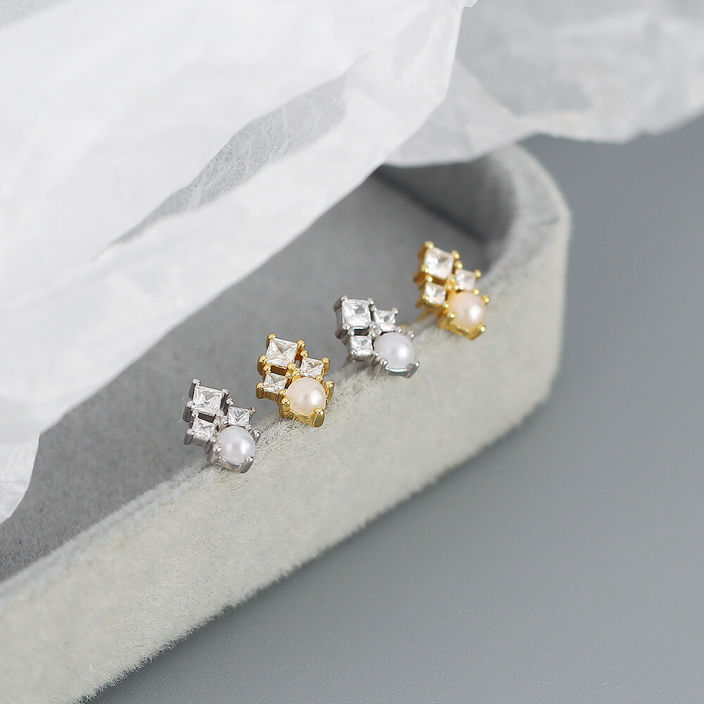 Korean Style S925 Silver INS Imitation Pearl Earrings Square Zircon Screw Ear Cuffs Ear Bone Earrings for Women - Image 4