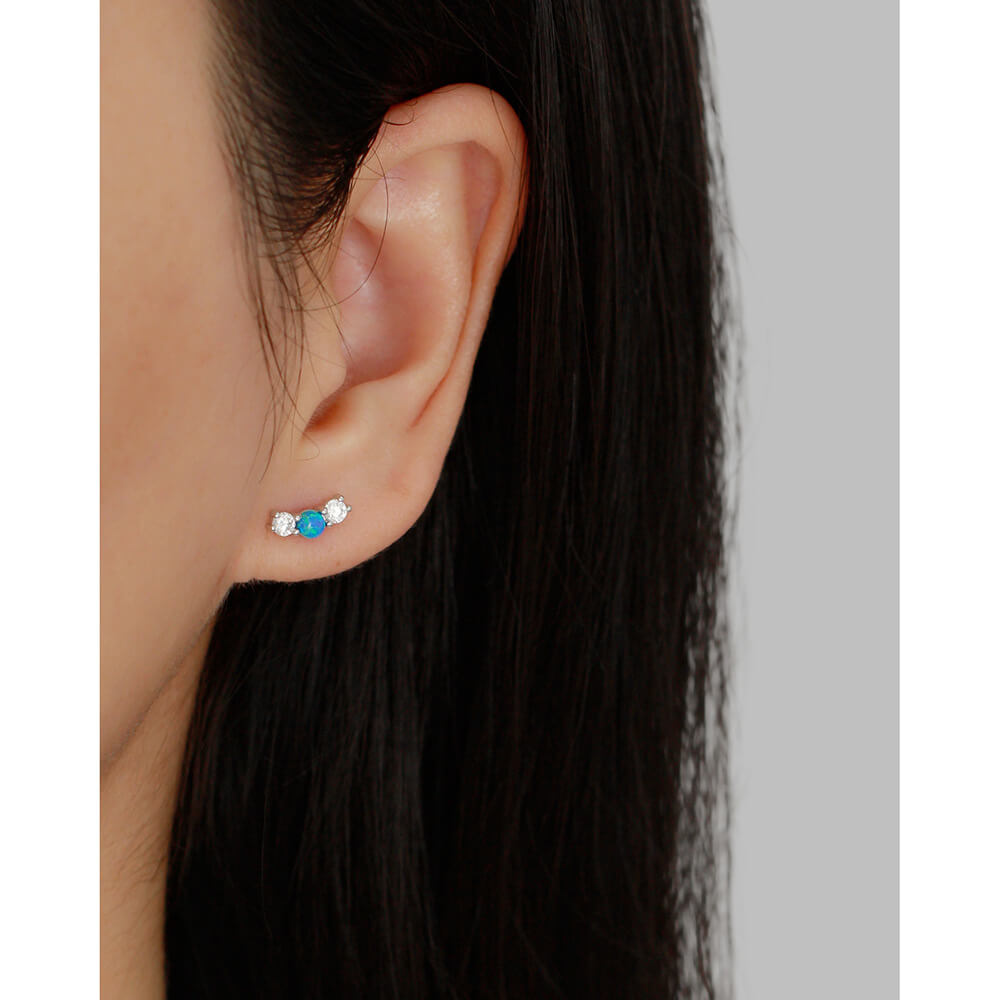 Elegant Opal Ear Studs S925 Silver Diamond Opal Ear Bone Cuffs Unique Threaded Earrings - Image 8
