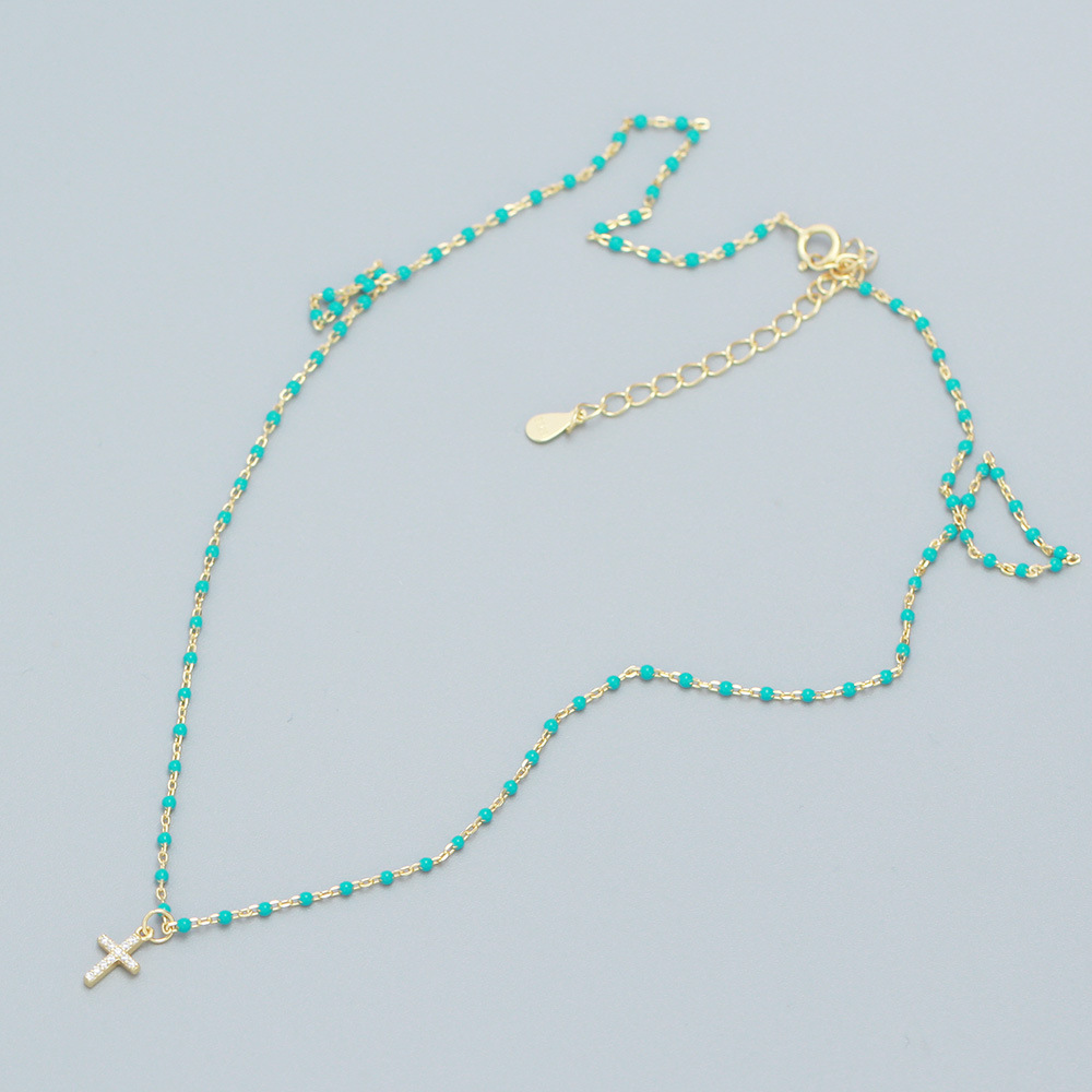 European Light Luxury S925 Silver INS Layered Cross Diamond Resin Design Collarbone Chain Necklace - Image 4
