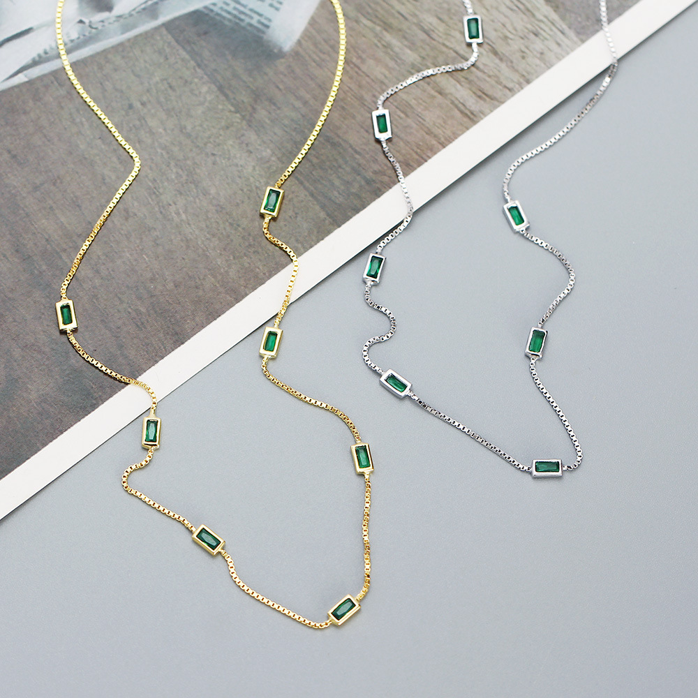 Sparkling Small Green Gemstone Diamond 925 Silver Collarbone Chain Daily Simple Exquisite Layered Necklace for Women - Image 3