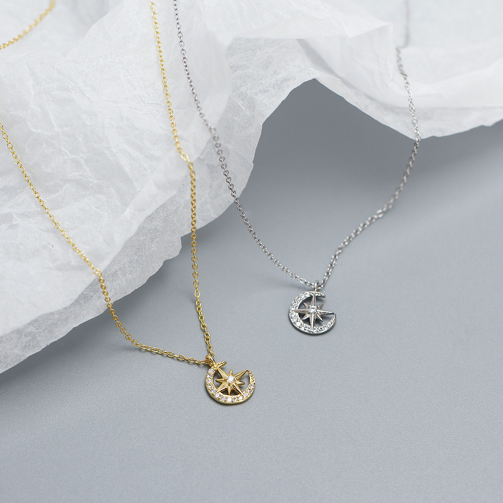 Star Moon Necklace S925 Silver INS Eight-Point Star Moon Diamond Collarbone Chain Personalized Versatile Jewelry - Image 3