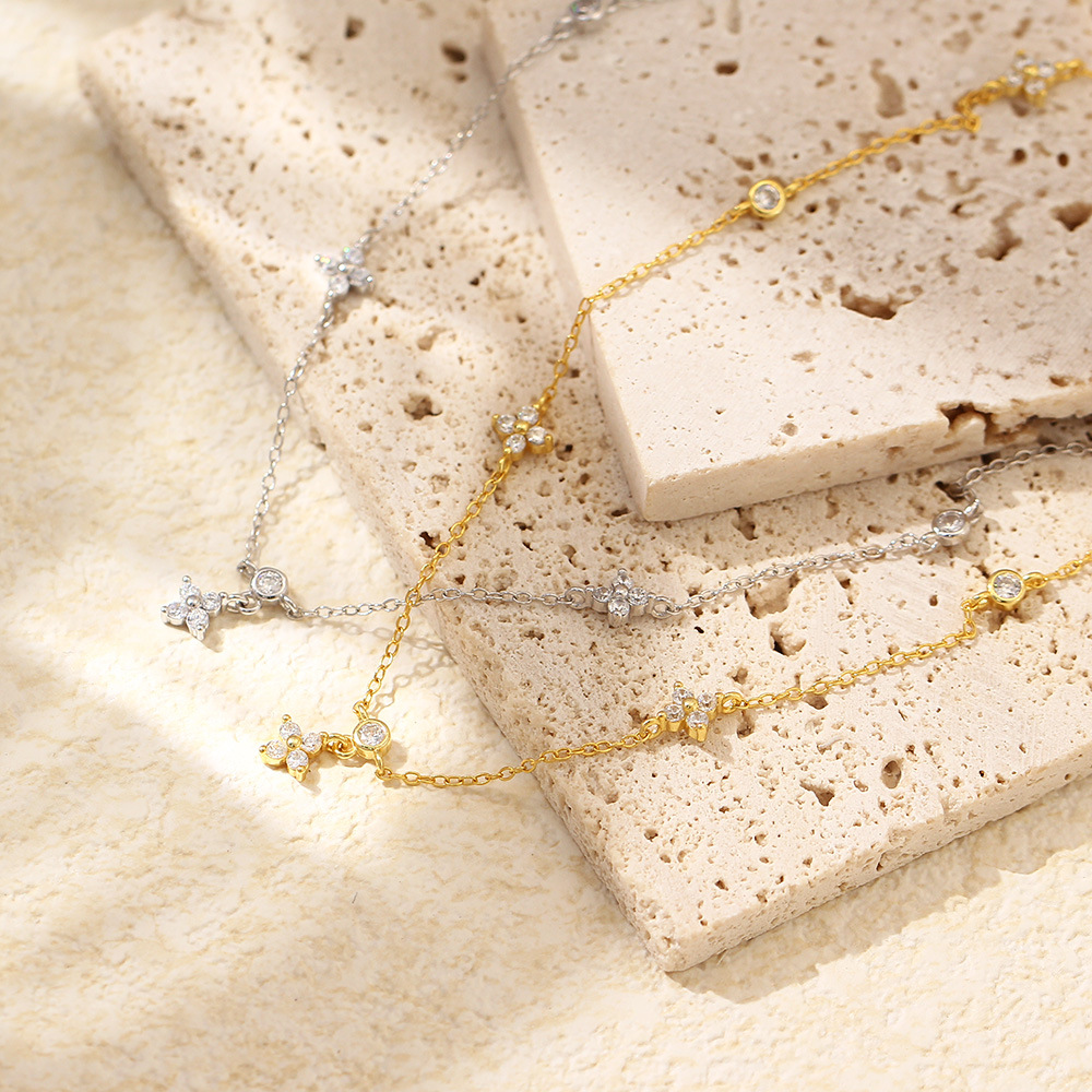 Layered Necklace S925 Silver INS Four-Leaf Clover Diamond French Collarbone Chain Multiple Pendants Jewelry for Women - Image 3