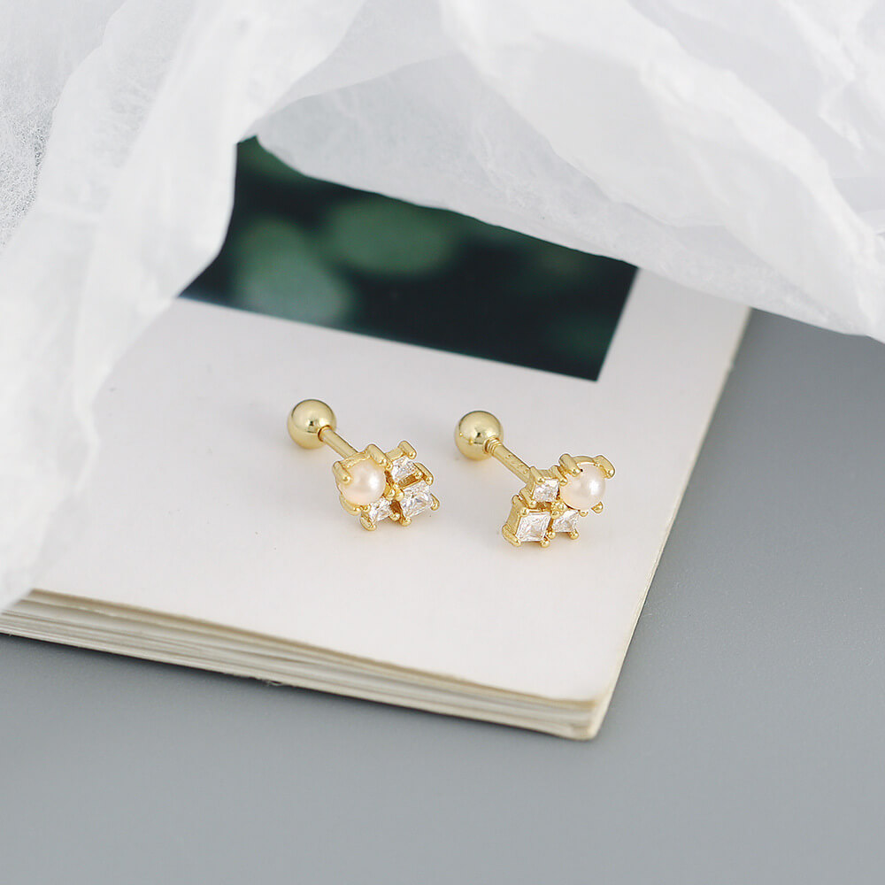 Korean Style S925 Silver INS Imitation Pearl Earrings Square Zircon Screw Ear Cuffs Ear Bone Earrings for Women - Image 5