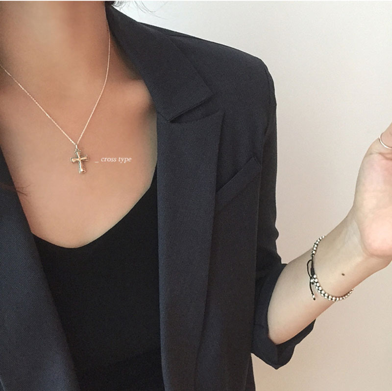 New Simple Vintage Necklace S925 Silver Cross Round Pendant Square Heart Silver Pendant Collarbone Chain - Image 16