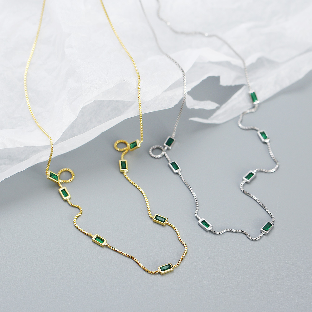 Sparkling Small Green Gemstone Diamond 925 Silver Collarbone Chain Daily Simple Exquisite Layered Necklace for Women - Image 4