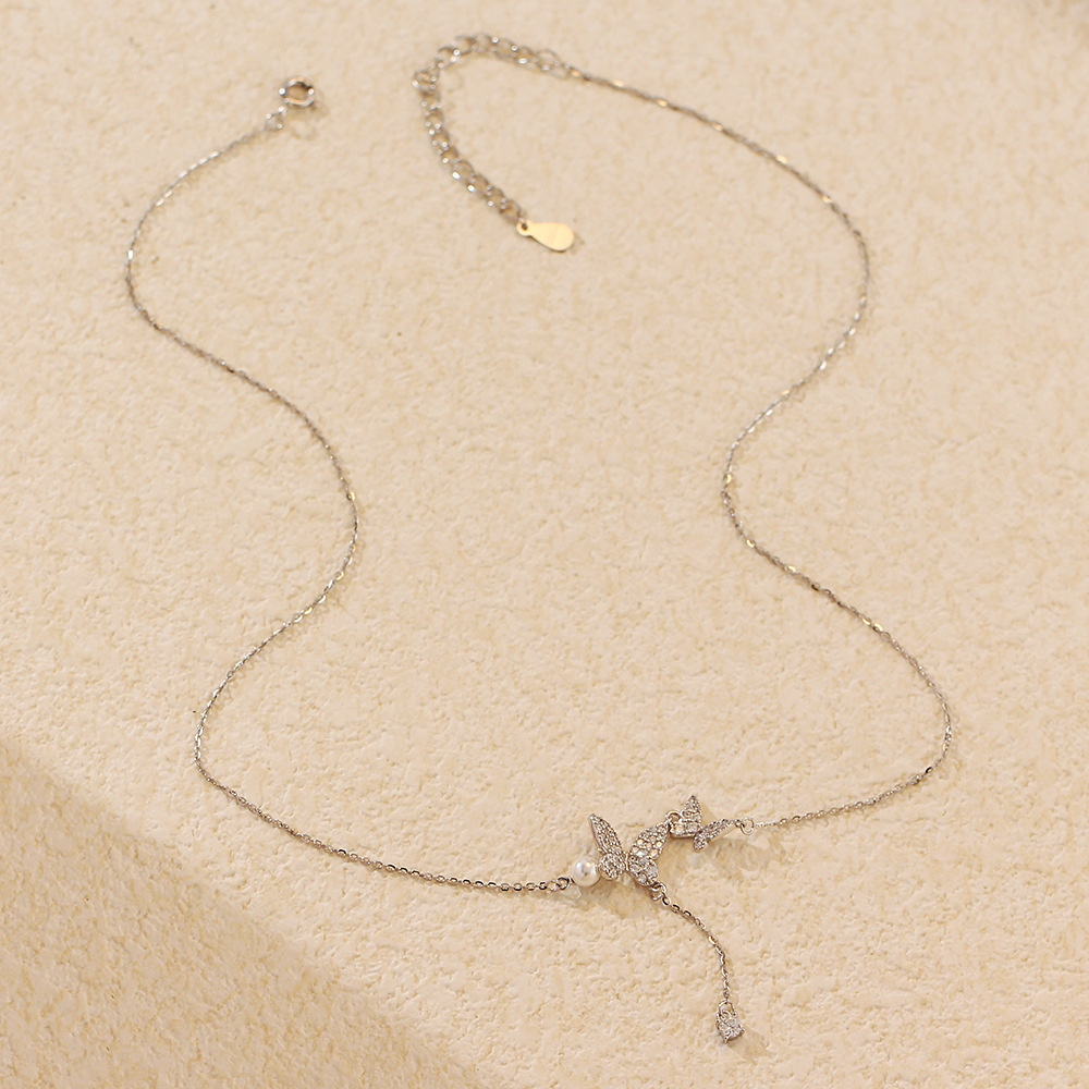 French Butterfly Necklace S925 Silver Tassel Pearl Full Diamond Butterfly Collarbone Chain Niche Jewelry - Image 4